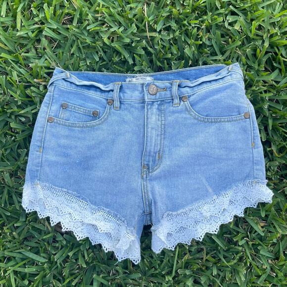 Free People light blue denim distressed lace trim high waist shorts - Picture 5 of 6